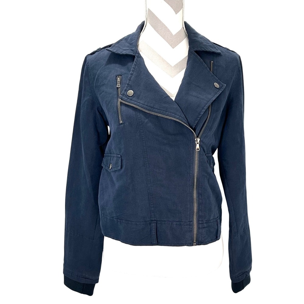 PAIGE‎ Women's Navy Blue Cotton Linen Moto Jacket Size M